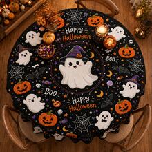 1件裝黑色萬聖節圓形桌布，可愛幽靈南瓜燈籠蝙蝠蜘蛛網 Happy Halloween 印花桌布，萬聖節派對餐桌裝飾 - 彩色 - 查看 2