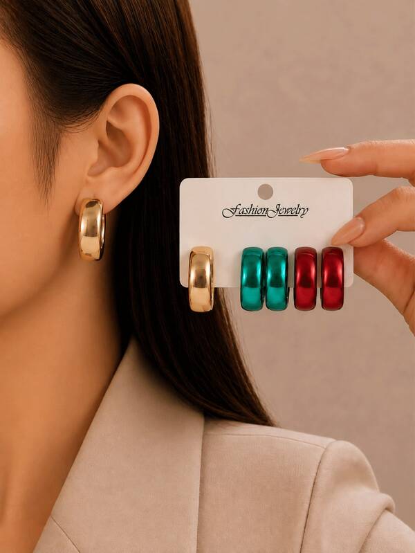 6pcs Fashionable Elegant Red, Green, Gold Geometric Earrings, Suitable For Daily Wear, Also A Great Christmas Gift.