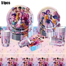 KPop Demon Hunters 51pcs Cartoon Anime Birthday Theme Party Set, Back To School Season Decoration, Holiday Essential Suitable For 10/20 People, Disposable Birthday Party Tableware Including Plates, Cups And Napkins. Holiday Decoration Supplies, Suitable For Camping, Picnic, Backyard BBQ And Party Decoration, Also Ideal Decoration For Halloween, Christmas And Party, And A Great Surprise Gift For Fans. - Multicolor - View 1