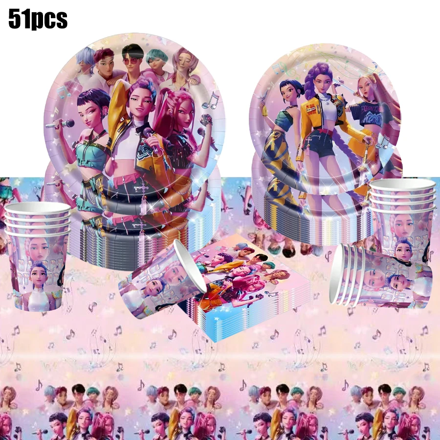 KPop Demon Hunters 51pcs Cartoon Anime Birthday Theme Party Set, Back To School Season Decoration, Holiday Essential Suitable For 10/20 People, Disposable Birthday Party Tableware Including Plates, Cups And Napkins. Holiday Decoration Supplies, Suitable For Camping, Picnic, Backyard BBQ And Party Decoration, Also Ideal Decoration For Halloween, Christmas And Party, And A Great Surprise Gift For Fans. - Multicolor - View 1