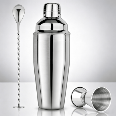Silberfarbenes Edelstahl-Bar-Set mit 750-ml-Cocktailshaker mit integriertem Sieb, inklusive 15/30-ml-Messbecher und Rührlöffel zur Zubereitung verschiedener Getränke