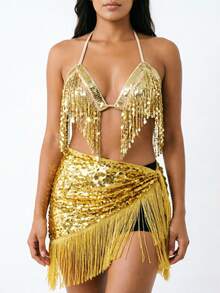 Sequin Fringe Halter Top Sequin Knotted Wrap Fringe Dance Hip Scarf Carnival Party Performance Outfit (Multiple Colors Available) - Multicolor - View 3