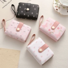 Multifuctional Polka Dots Wallet Zipper Closure Floral Print Leather Short Wallet With Wristlet Strap Snap Button Bow Coin Purse - Multicolor - View 2