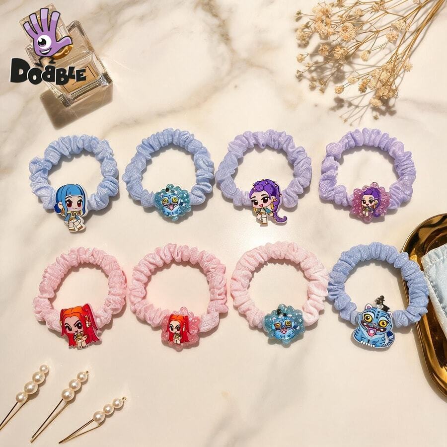 DOBBLE 2pcs K-Pop Style Cartoon Character Hair Scrunchies With Glitter Charms, Elastic Ponytail Holders For Daily Wear, Halloween Cosplay And Birthday Parties - View 1