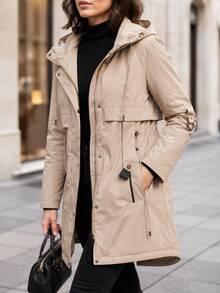 Women's Camel Hooded Utility Parka, Drawstring Waist, Zip & Snap Closure, Pockets, Mid-Length Spring Autumn Coat - Camel - View 4