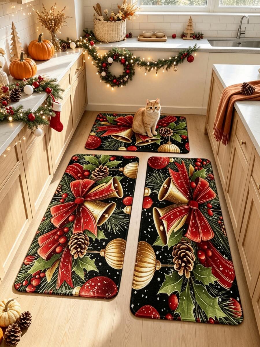1 st köksmatta med jultema och klockmotiv, förtjockad matta, tjock matta, plyschmatta, höst-/vintermatta, köksmatta, köksmatta, köksmatta, dörrmatta, liten matta, matta, löpare, golvmatta, heminredning, areamatta, utomhusmatta, heminredning, areamatta, sovrumsmatta, tvättbar matta - Multifärgad - Visa 1