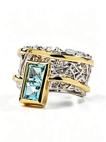 1pc Luxury Dual-Tone 14K Gold Plated Aquamarine Couple Ring, Geometric Rectangular Wide Band Index Finger Ring For Women And Men, Party Gift Jewelry - White and Yellow - View 4