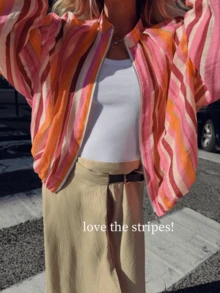 2026 Summer Fall Vacation Women's Colorful Striped Long Sleeve Regular Fit Stand Collar Polyester Coat With Zipper Detail For Spring Outfits - Red - View 4