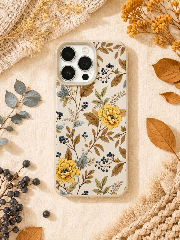 1pc Creamy White Lychee Texture Autumn Vintage Yellow Flower Berry Branch Leaf Print Phone Case Mori Style Autumn Plant Fashion Shockproof Protective Cover Compatible With IPhone 17/16/15/14/13/12/11/Pro/Pro Max/Plus, Suitable As Gift For Couples, Family And Friends