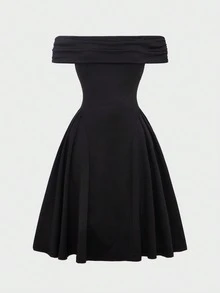 Women Off Shoulder Midi Dress Flared Hem Elegant Fall Apparel For Cocktail Party Evening Outfits - Black - View 8