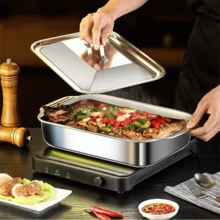 1pc Square Stainless Steel Baking Pan With Lid, Rectangular Roasting Pan, Non-Stick Thickened Double Handle, Perfect For Grilling, Roasting Fish, Desserts And Bread, Essential Tool For Home Cooking And Food Stalls - Silver - View 12