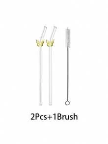 2/4pcs Yellow Butterfly Shaped Glass Drinking Straws, Suitable For Water Cups, Reusable Curved Transparent Thickened Glass Straw Tableware Set, Kitchen Accessories, Straw Caps, Cold Drinks, Milk Tea, Coffee, Bar, Home, Restaurant, Holiday Supplies, Summer - View 7