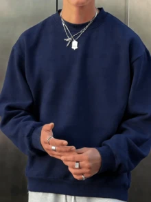 Men's Casual Sweatshirt, Slight Stretch, Men's Solid Color Plus Size Crew Neck Sweatshirt - Royal Blue - View 1
