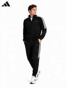 Adidas M Q3 男士针织运动套装，立领运动夹克和运动裤，2 件套 - 黑色 - 查看 2