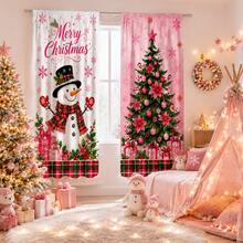 2 Pieces Are Installed Using Pocket Rod Method. They Feature A Pink Snowman Christmas Tree Pattern And Are Made Of Digital Printed Fabric. They Are Suitable For Living Room, Closet, Bedroom, Study, Dining Room And Home Decoration. - Multicolor - View 1