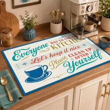 1pc Blue & Orange Letter Coffee Cup Pattern Absorbent Table Mat, Vintage American Kitchen Style, Water-Absorbent Fabric, Rectangular Edged Design, Stain-Resistant Heat-Insulating Countertop Protection, Suitable For Kitchen Sink, Coffee Corner, Dish Drying, Daily Home Decor, All Seasons - Multicolor - View 3