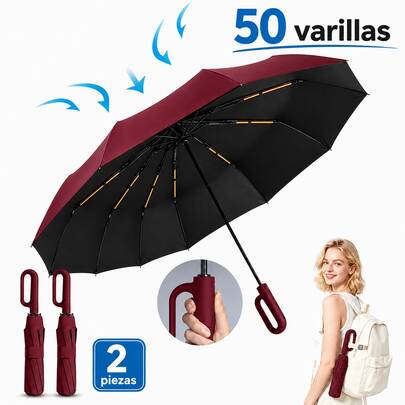 AMOROSA 1/2Piezas Paraguas Reforzado Antiviento para Lluvia Fuerte y Sol,Sombrilla Plegable Automática con Varillas Resistentes,Modelo de 60 Varillas o 50 Varillas con Mango de Aro,Protección UV,Uso Diario, Viaje,Oficina-Vino