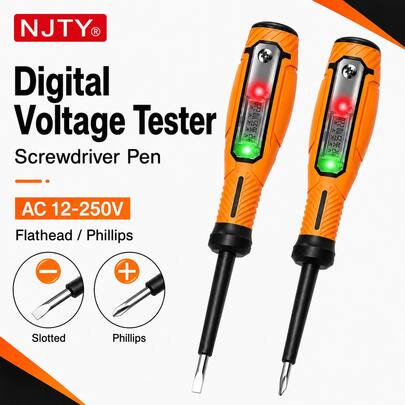NJTY LY86D Penguji Tegangan Digital 2-in-1 dengan Obeng, Pena Uji Listrik AC 12-250V dengan Layar LCD, Indikator Dua Warna Merah/Hijau, Lampu LED, Deteksi Titik Putus Sirkuit, Pegangan Karet Ergonomis