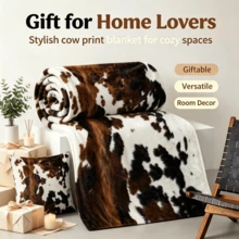 Realistic Cowhide Texture Print Thickened Flannel Fleece Blanket, Soft & Skin-Friendly, Sofa & Bedroom Throw, Western Vintage Style Decorative Blanket - Multicolor - View 9
