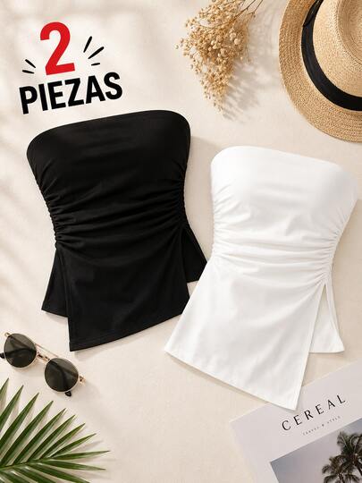 Top strapless asimétrico, 2 piezas Blanco y Negro, chic, fashion, con aberturas en los costados, básico, elegante, casual, uso diario, ideal para tí.