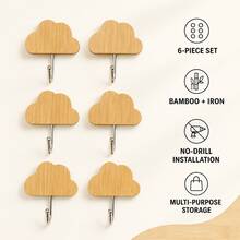Add Practical Storage And Natural Decorative Texture To Your Home With This 6-Piece Set Of Cloud-Shaped Wall Hooks. Each Compact Hook Features A Bamboo Cloud Panel With Clear Natural Wood Grain And A Silver Iron J-Shaped Hook With Rounded Ends. This Set Of Six Matching Hooks Can Be Installed In Combination To Create A Decorative Wall Layout Or Placed Separately In Any Location Where Extra Hanging Space Is Needed. - View 10