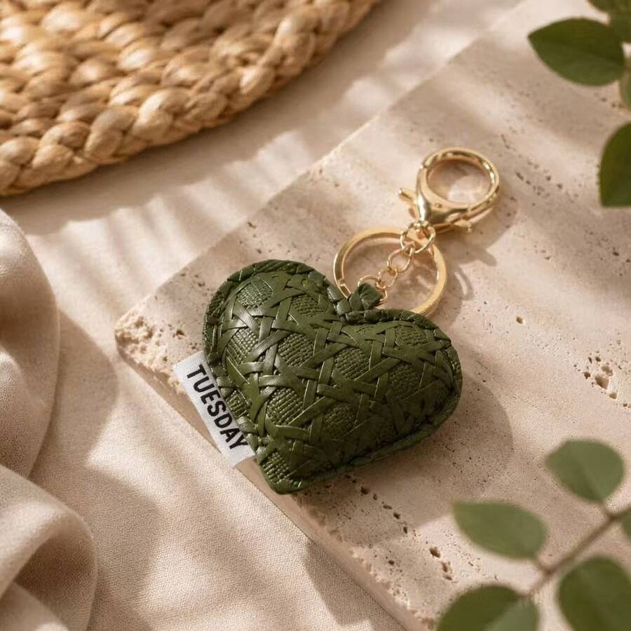 1pc Neutral Woven Heart-Shaped Leather Keychain, Cute Bag Charm, Versatile Accessory For Back To School Season - Multicolor - View 1