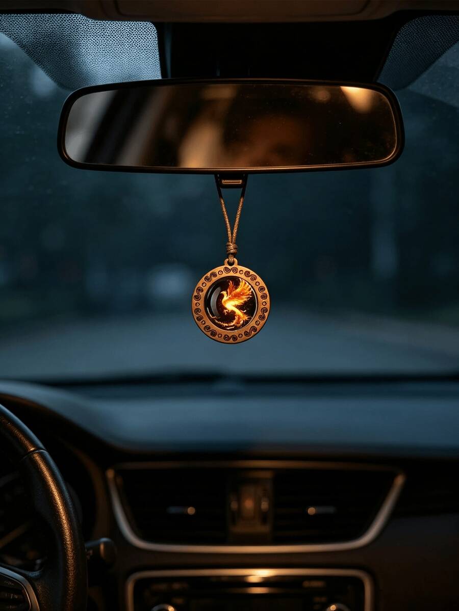 1 pieza Adorno colgante para espejo retrovisor de coche con diseño de fénix, decoración colgante redonda, patrón de fénix de llamas, cuerda ajustable, accesorio de decoración interior de coche - A - Ver 1