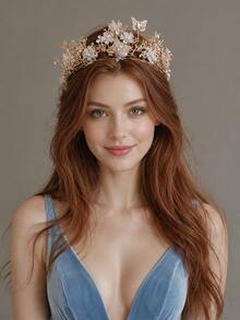 金色蝴蝶花珍珠新娘皇冠髮箍 女款新娘髮飾 適合單身派對與婚禮裝飾 - 香檳色 - 查看 2