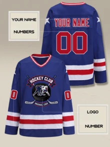 Custom Men Ice Hockey Jersey Personalized Team Logo Name & Number Long Sleeve V-Neck Royal Blue Sports Shirt - Royal Blue - View 1