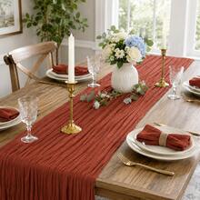 12pcs Clay Color Gauze Table Runner, 35*120 Inch Sheer Table Runner, Semi-Transparent Pleated Bohemian Country Style Table Runner, Suitable For Wedding Party, Baby Shower, Birthday, Bridal Shower, Thanksgiving, Friendsgiving, Engagement Party, Home Decor - Rust Red - View 8