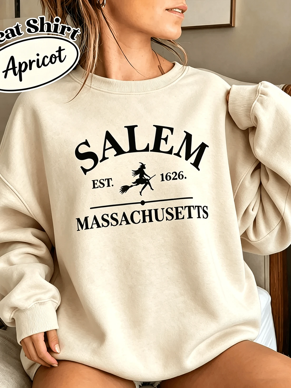 Halloween Apricot Sweatshirts Women Oversized Salem Massachusetts Shirts Printed Tops Spring Fall Holiday Crew Neck Pullover,Vacation Outfits Women - Apricot - View 1