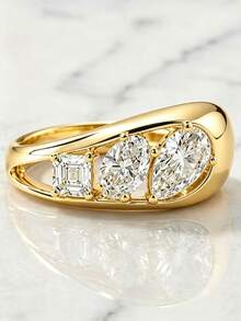 1pc Women's Luxury Three-Stone Ring, Asscher Square Diamond & Oval Zirconia Splice Hollow Design, 14K Gold Plated, Party Engagement Decorative Gift Jewelry - Yellow - View 4