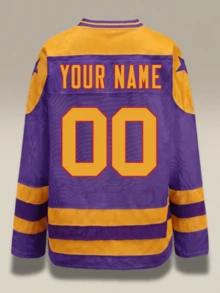 Custom Men Ice Hockey Jersey Personalized Team Logo Name & Number Long Sleeve Purple Gold Striped Sportswear - Purple - View 3
