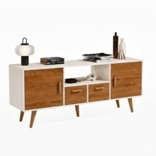 Rack Barcelona para TV em MDF com 2 Portas e 2 Gavetas – Design Moderno e Elegante - Off White/Freijó - 1PC - Visão 7