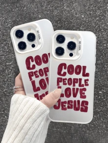 1件 Cool People Love Jesus 英文文字圖案手機殼，防震保護套，適用於 iPhone 16 Pro Max/15/14 Plus/13/12/11 - 白色 - 查看 4