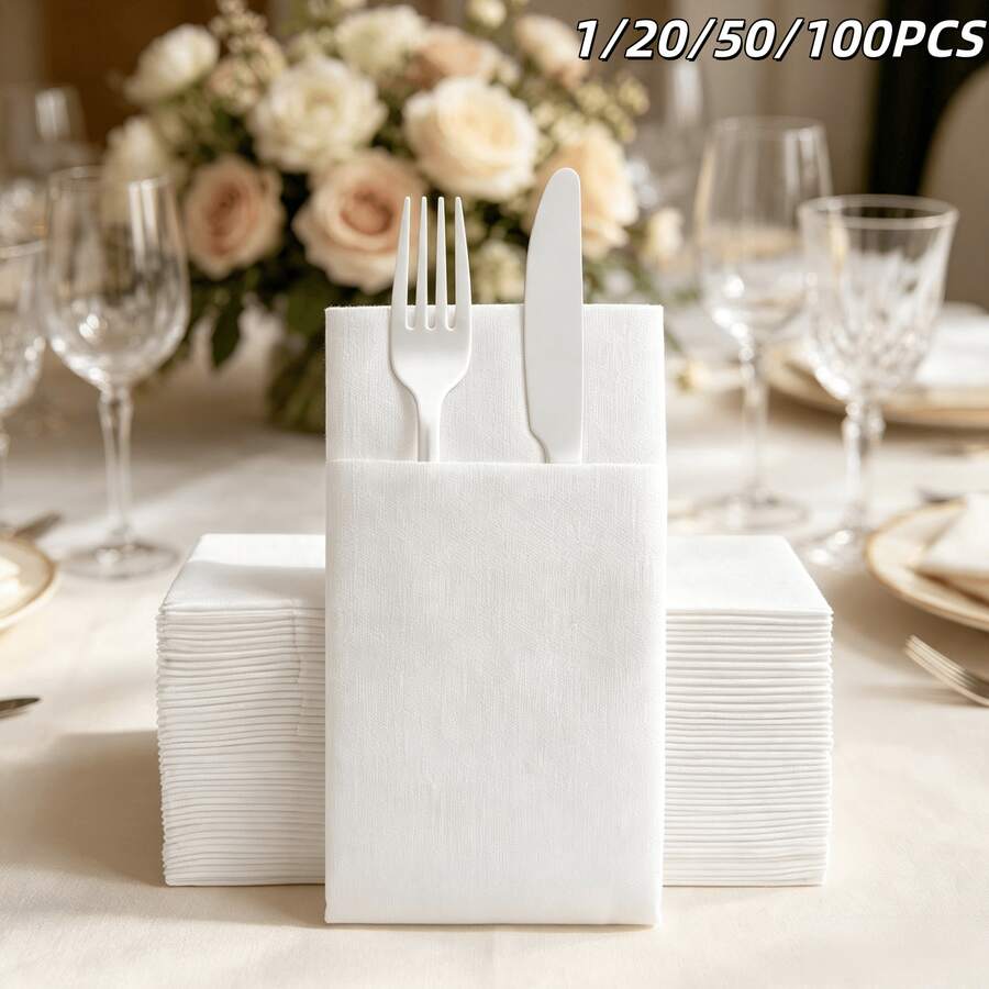 1/20/50/100入亞麻質感預折疊婚禮餐巾紙，附餐具口袋，一次性餐具收納餐巾，適用婚禮接待宴會、新娘婚前派對、餐飲餐桌佈置、聖誕節、萬聖節