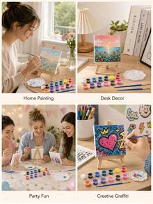 4set/1set- Mini Canvas & Wooden Easel Painting Set, Includes 12 Colors Paint Set, 2 Brushes, Suitable For Adults And Beginners DIY Art Craft Kit, Desktop Painting, Party Activity, Home Desk Decor And Creative Gift - Multicolor - View 6