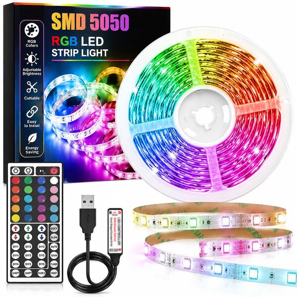 Flexible SMD 5050 RGB Smart LED Strip With 44 Button Remote & Peel Off Adhesive, Custom DIY Color Combinations, Dimmable TV PC Backlight, Living Room Kitchen Ceiling Light For Festival Party Romantic Gift