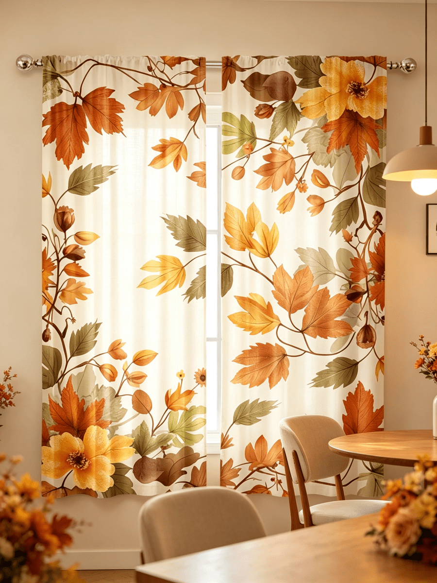 2pcs Autumn Leaf Art Printed Curtains - Rod Pocket, Translucent Polyester Curtains With Autumn Leaf Design, Used For Bedroom And Living Room Decoration, Easy To Hang, Living Room Curtains, Thanksgiving, Autumn Decoration,160gsm