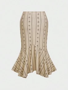 Women Casual Striped Midi Skirt Mermaid Hem For Fall Winter Travel Going Out Dating - Beige - View 8