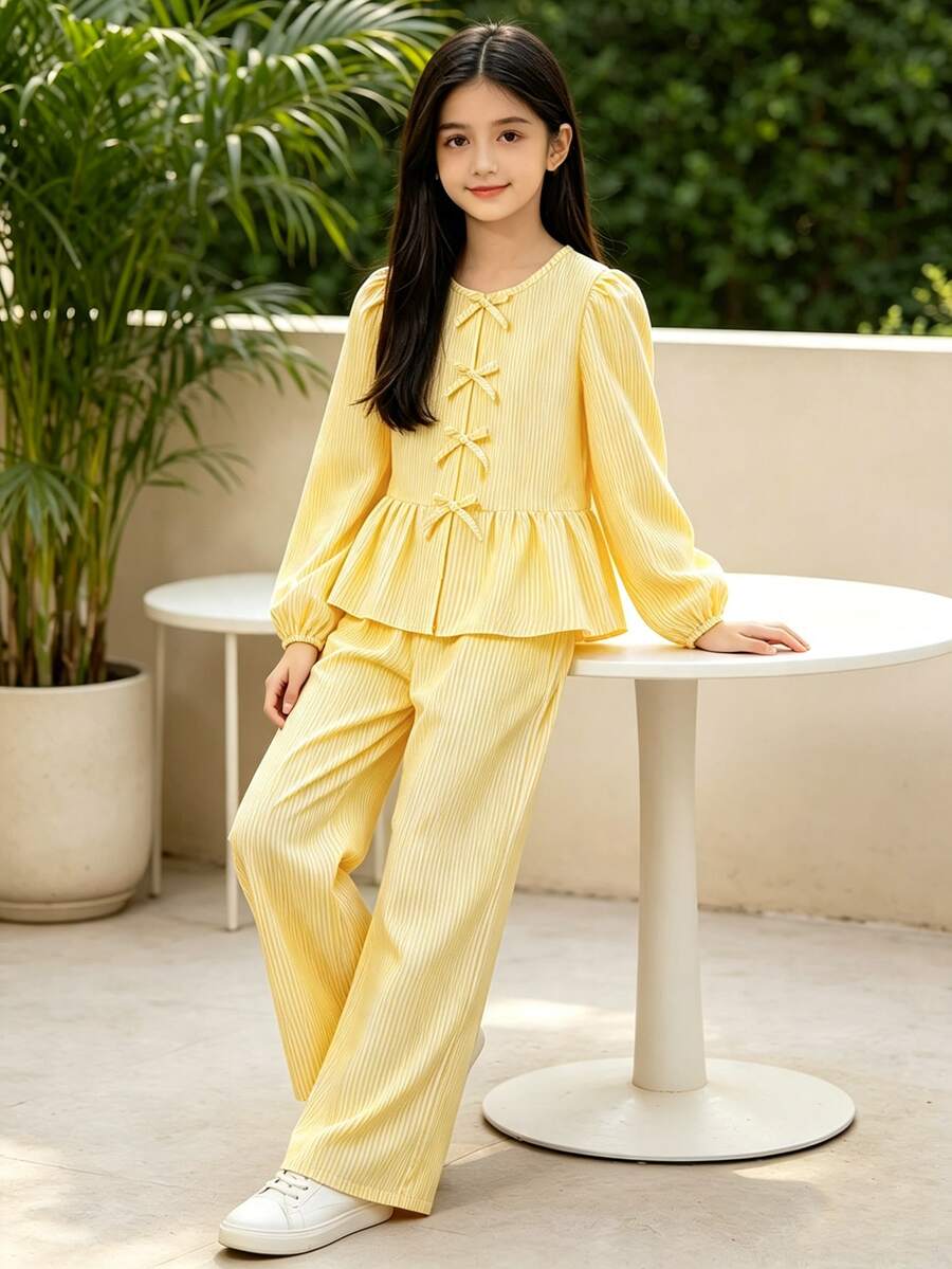 Left Mama 女童甜美可爱条纹蝴蝶结长袖上衣和直筒裤 2 件套,春秋 - 黃色 - 查看 1