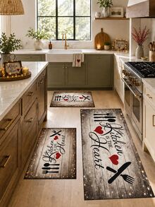1pc Black White Red Heart English Slogan Pattern Kitchen Mat, Vintage Country Farmhouse Style, Distressed Wood Grain Print Design, Anti-Slip Wear-Resistant, Suitable For All Seasons, Daily Kitchen, Sink Area, Cooking Zone And Home Decor - Multicolor - View 3
