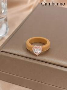 1pc Ins Sweet Multicolor Silicone Rings Sparkly Heart Crystal Casual Finger Accessory - Rose Gold - View 8