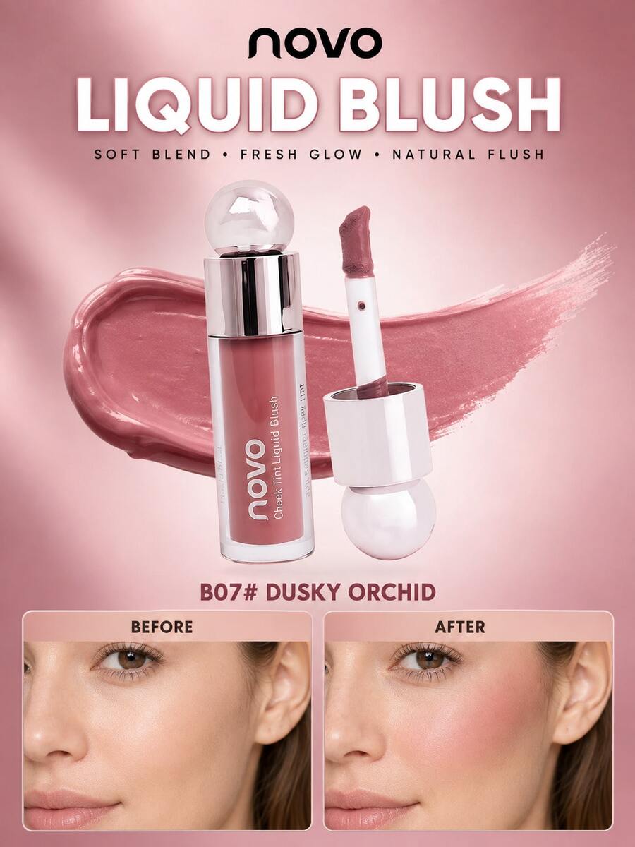 NOVO Blush Cair 3-in-1, Highlighter & Contour, Blush Matte untuk Tampilan Wajah Alami, Cocok untuk Sehari-hari, Panggung, Festival, Wisuda, Riasan Ulang Tahun, Merek Wanita, Halloween - B07 ANGGREK GELAP - View 1