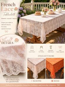 1pc French Floral Lace Tablecloth, Hollow Floral Pattern Rectangular Tablecloth, Romantic Atmosphere Decorative Dining Tablecloth, Suitable For Restaurant, Patio, Balcony, Outdoor, Home Party Decoration - Multiple Styles - View 2