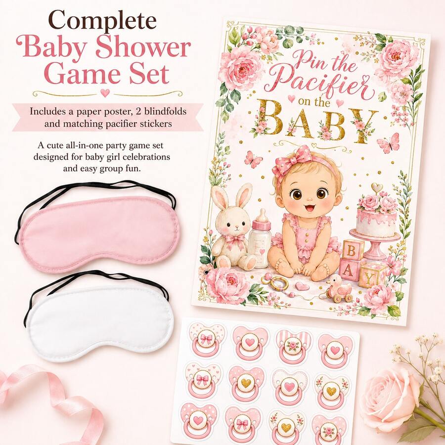 1 Set Pink Baby Shower Game Props: Attach Pacifier To Baby, Floral Theme Baby Shower Decoration, Includes Game Poster, Stickers And Eye Mask, Suitable For Newborn Party, Gender Reveal, Perfect Choice For Baby Shower Interactive Games - Pink - View 1