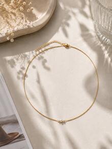 Hegaze 1pc Minimalist 3-Pearl Faux Pearl Thin Chain Collarbone Necklace, Light Luxury Gentle Style Commute Small Pearl Pendant Delicate Versatile Necklace - Yellow Gold - View 5