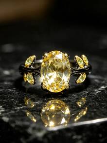 1pc Vintage Dual-Tone Leaf Oval Yellow Diamond Couple Ring, Black & Gold Geometric Design, Valentine's Day Gift, Party Jewelry - Black and Yellow - View 3