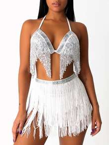 Sequin Draped Fringe Halter Top Rhinestone Waistband Multi‑Layer Fringe Slit Dance Hip Scarf Party Performance Outfit (Multiple Colors Available) - Multicolor - View 3