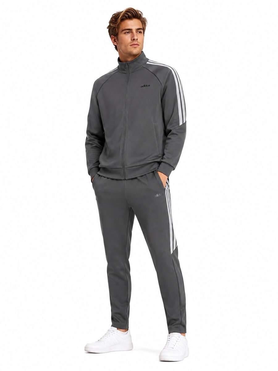 Adidas M Q3 男士针织运动套装,立领外套和运动裤两件套 - 灰色 - 查看 1